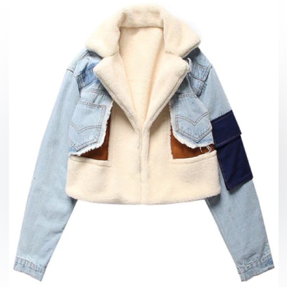 Cropped Patchwork Sherpa-Lined Denim Jacket - Cream & Light Blue